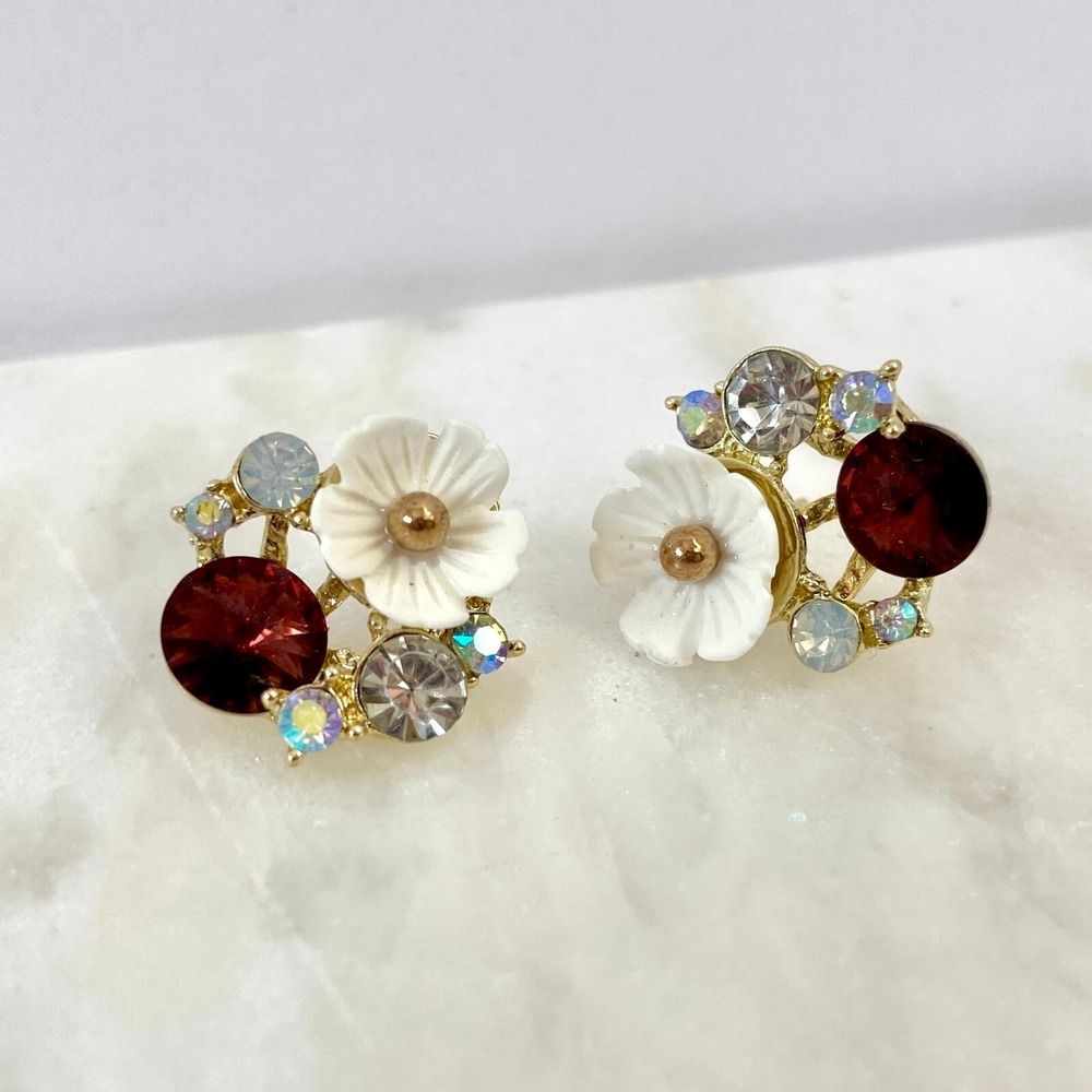 White Flower Red Clear Crystal Rhinestone Cluster Stud Earrings NEW